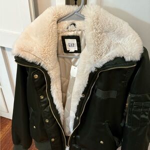 GAP Women's Dark Green Bomber Jacket with Cream Lining